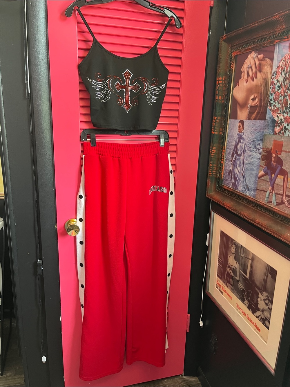 2 piece set rhinestone tank top & track pants with snaps